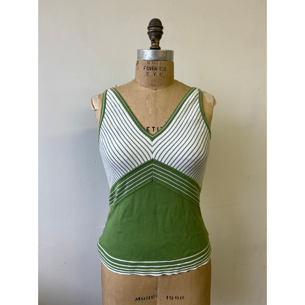 Ann Taylor Loft Green White Striped V-Neck Knit Tank Top Cotton Sleeveless Small